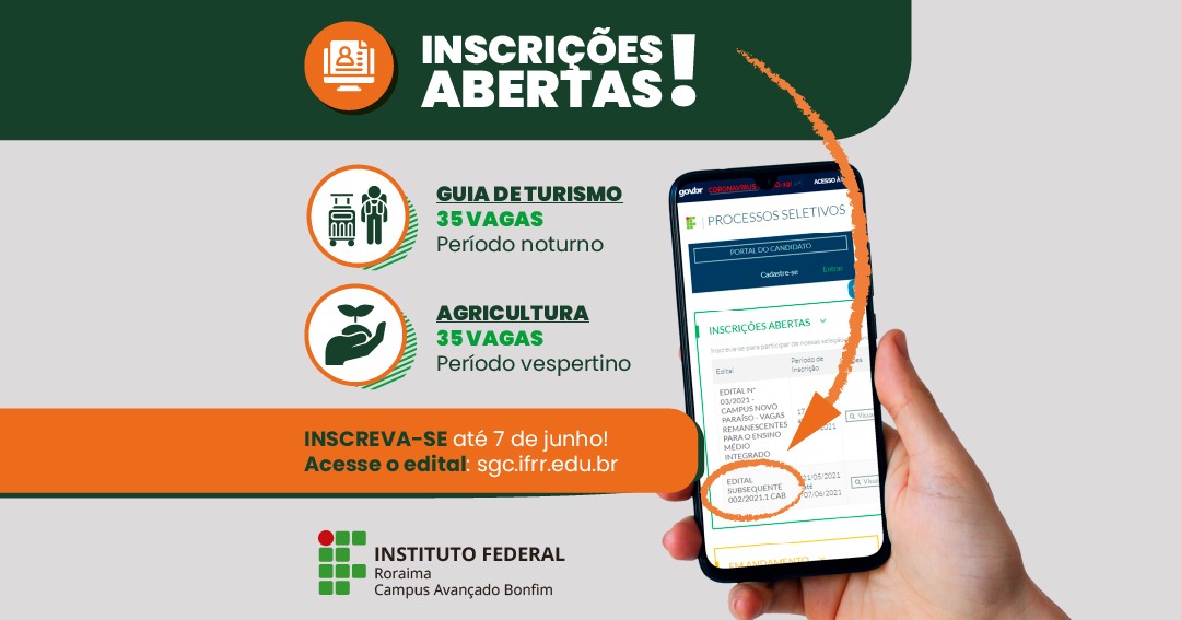 BONFIM – Seguem abertas inscrições para 70 vagas em cursos técnicos do IFRR